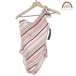 New! Aqua Couture One Shoulder Boho Stripes Tie Knot Bow One Piece Swimsuit